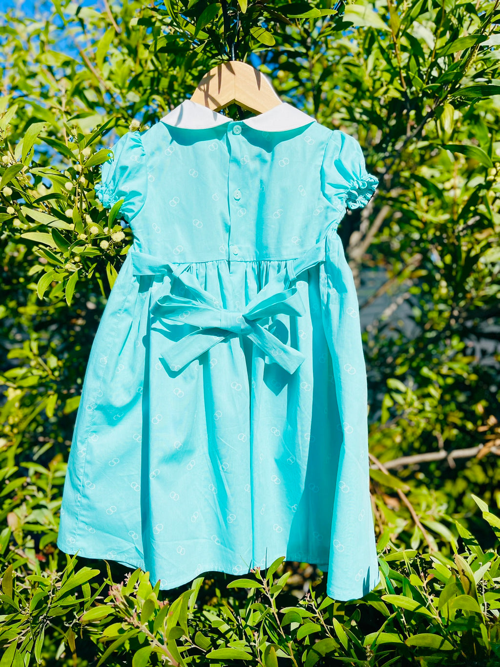 The Hand-smocked Emerald Rose Dress back which shows buttons and a bow stash. This is hanging on a green leafy tree. Emerald green and white handsmocking with pink rose bud embrodiery. White collar with one pink rose bud embrodiery on each collar.Dress is a green colour.