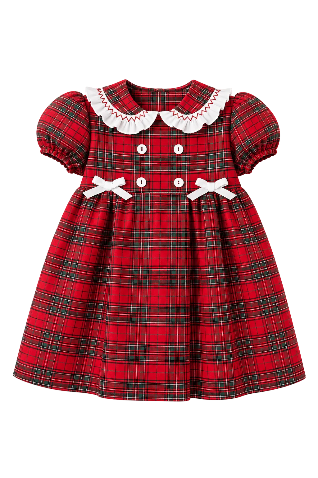 A toddler girl's short-sleeve dress in a red tartan plaid pattern, featuring a white ruffled Peter Pan collar with red stitching, white buttons, and two white bow accents on the waist.