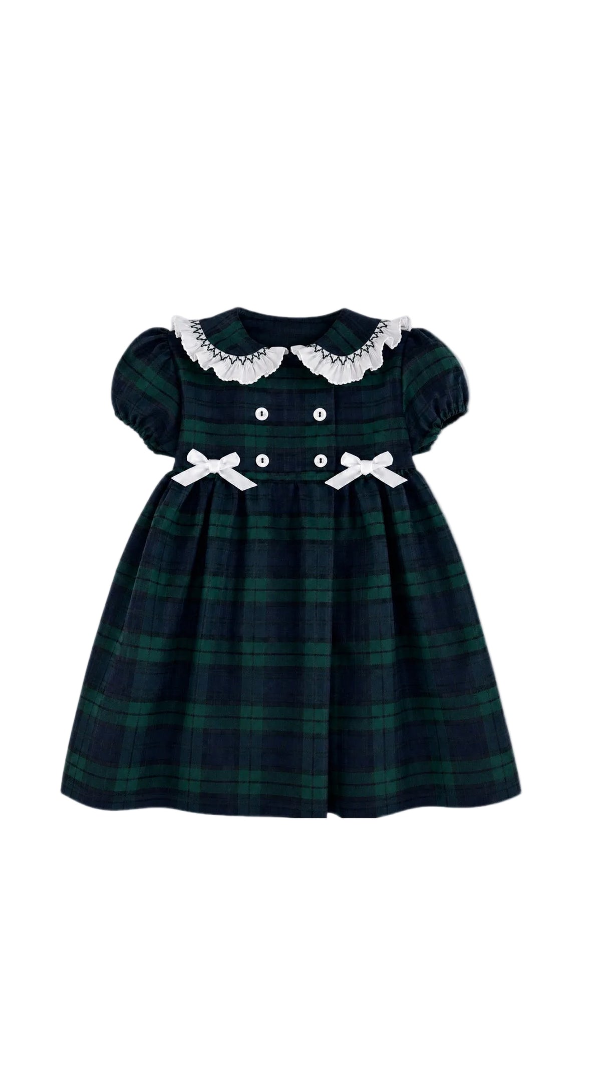 A toddler girl's dress featuring a dark green and black plaid pattern, a white lace Peter Pan collar, short puff sleeves, and two white bow accents on the front.