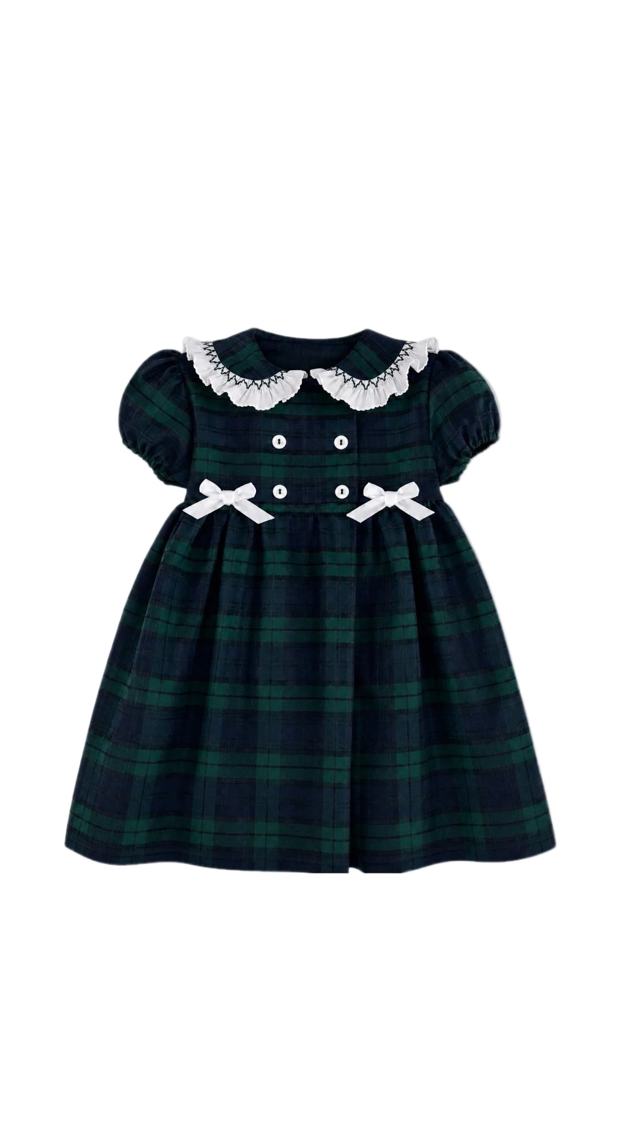 A toddler girl's dress featuring a dark green and black plaid pattern, a white lace Peter Pan collar, short puff sleeves, and two white bow accents on the front.