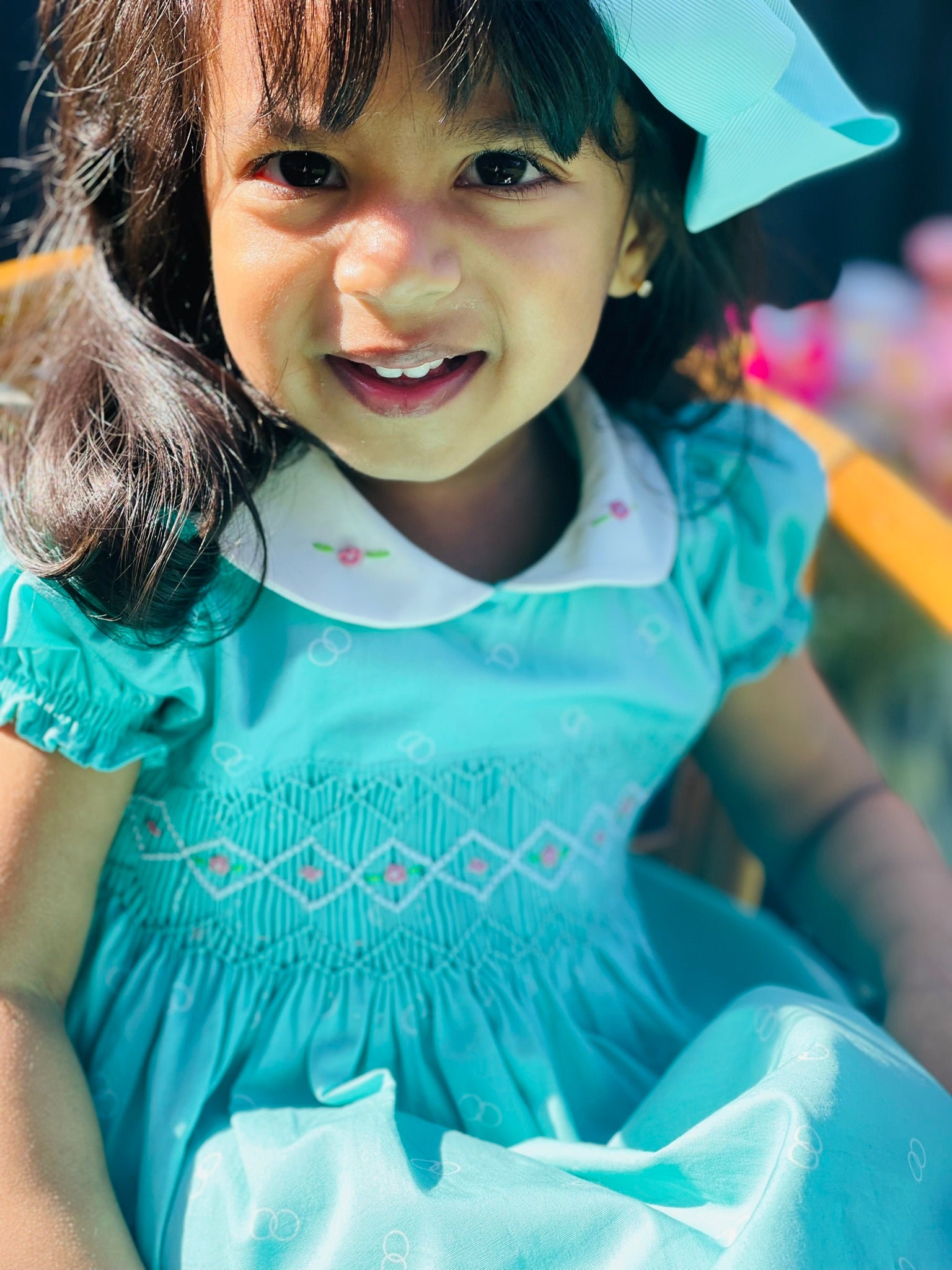 Girl Toddler wearing the Hand-smocked Emerald Rose Dress. Emerald green and white handsmocking with pink rose bud embrodiery. White collar with one pink rose bud embrodiery on each collar.Dress is a green colour.