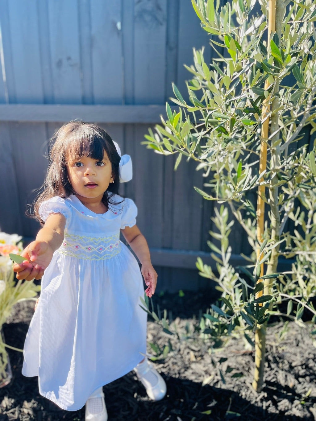 Girl toddler standing giving a leaf to the cameraman wearing the hand-smocked Lily Blossom Dress. The Dress is while and it has white, green and yellow hand-smocking with dark pink rose bud embroidery. White collar with one pink rose bud embroidery on each collar. Dress is white in colour.