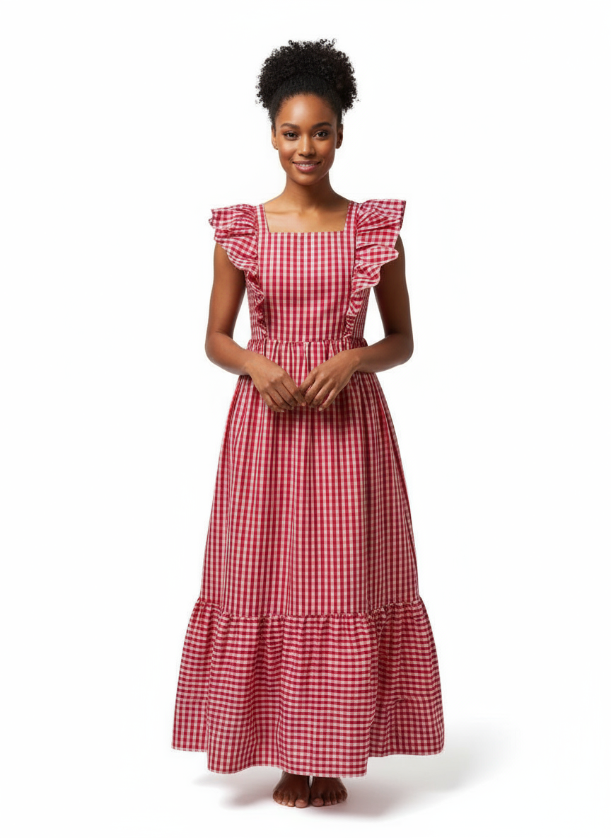 Woman wearing a red and white checkered dress on a white background