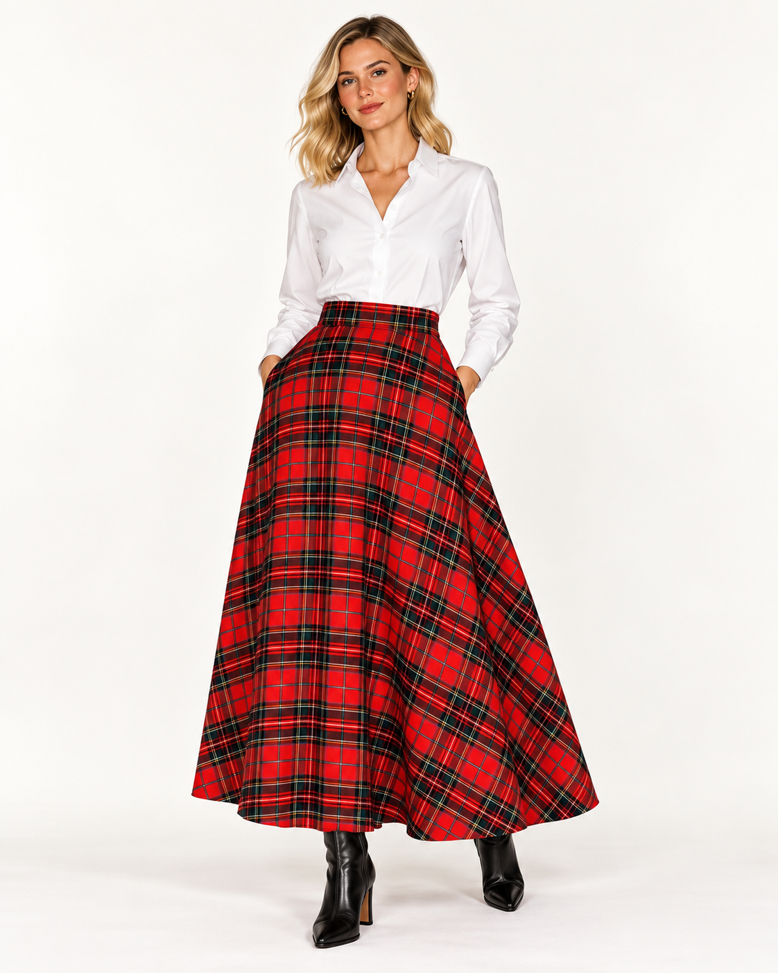 Red Tartan High-Waisted Midi Skirt