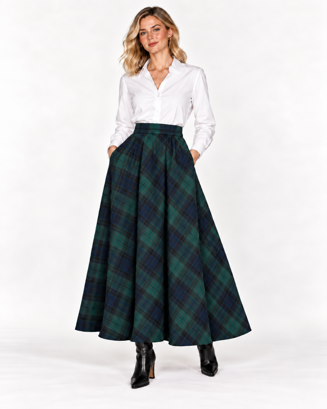 Green Tartan High-Waisted Midi Skirt