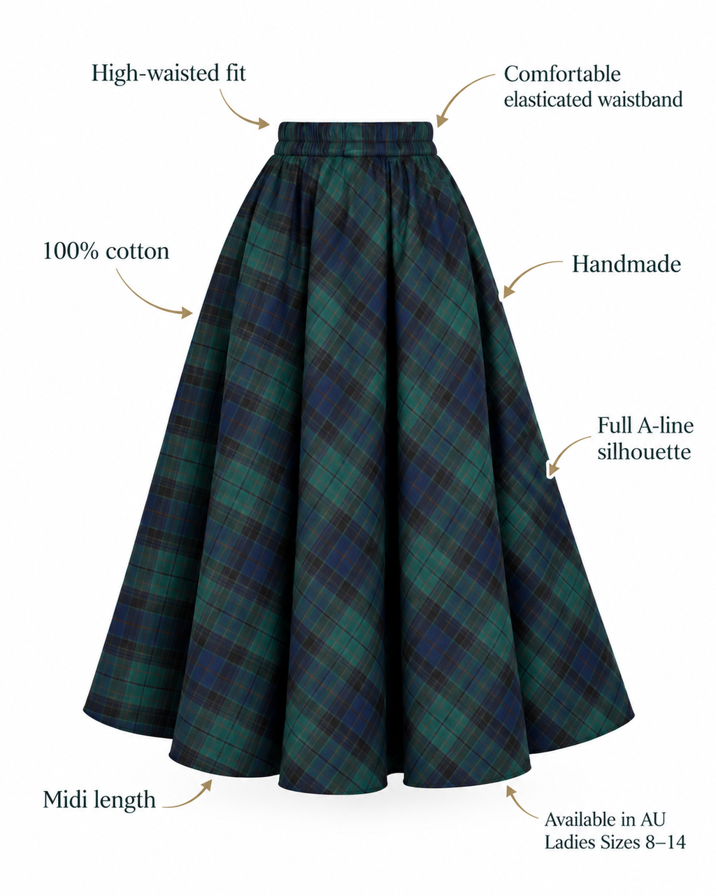 Green Tartan High-Waisted Midi Skirt