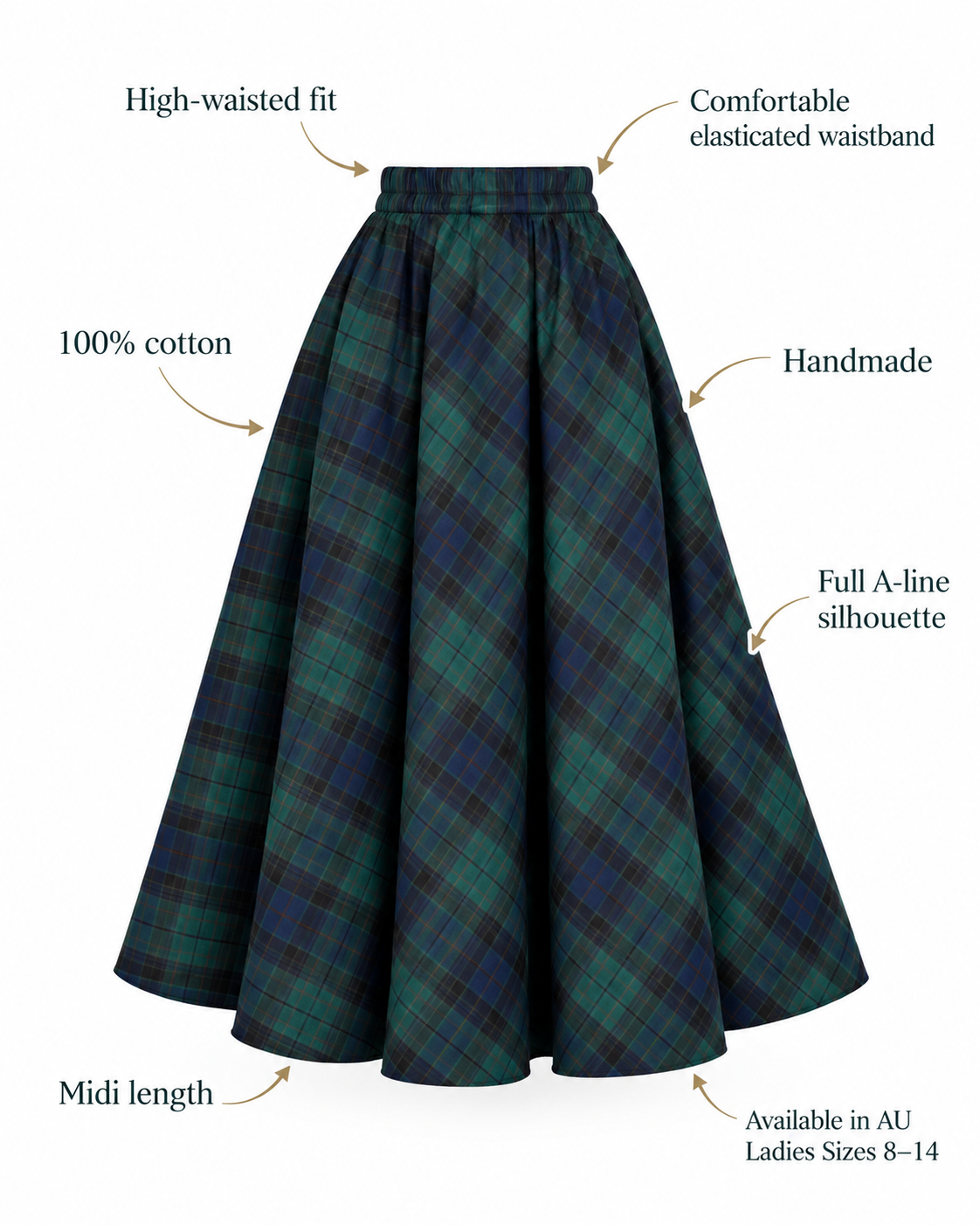 Green Tartan High-Waisted Midi Skirt