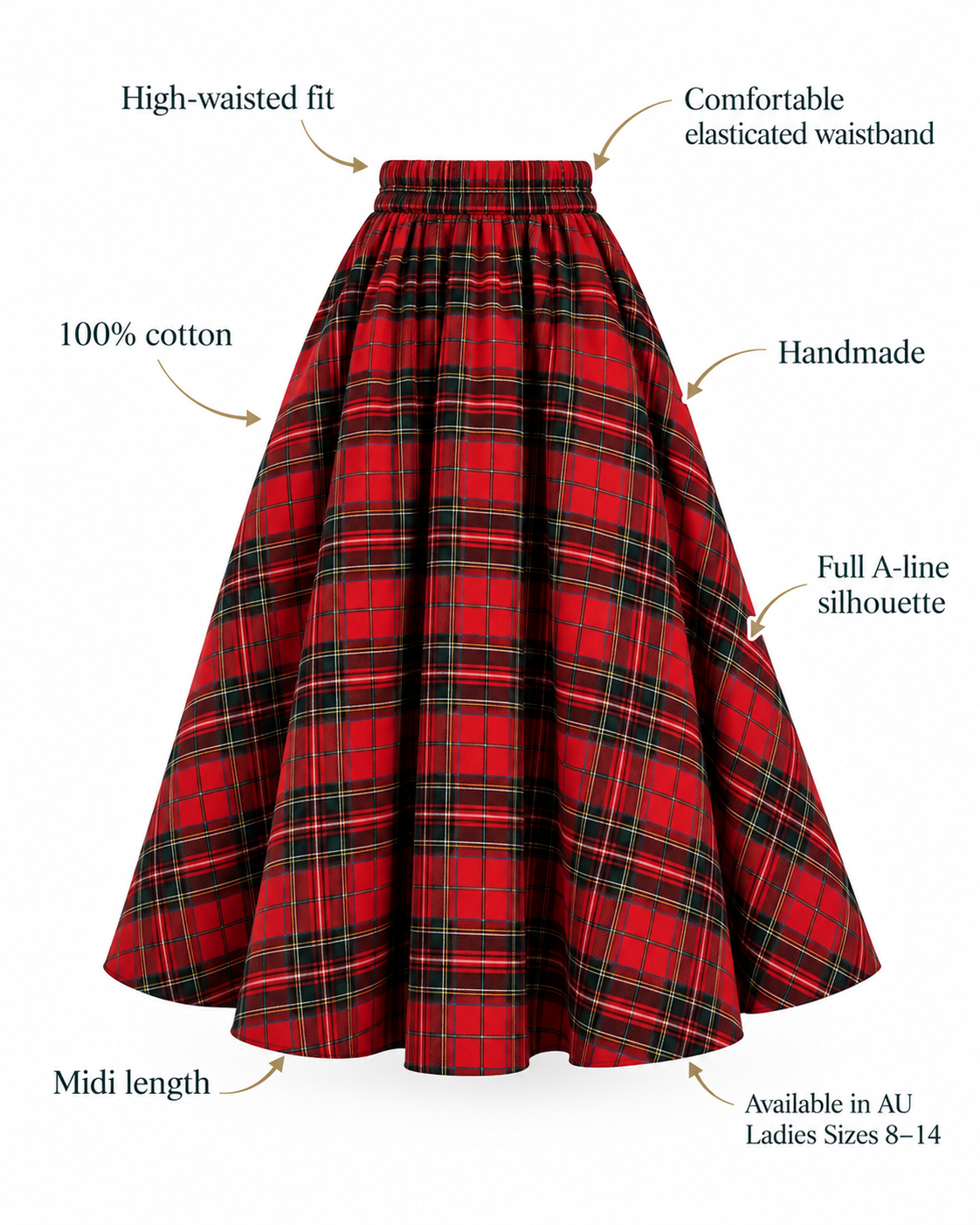 Red Tartan High-Waisted Midi Skirt