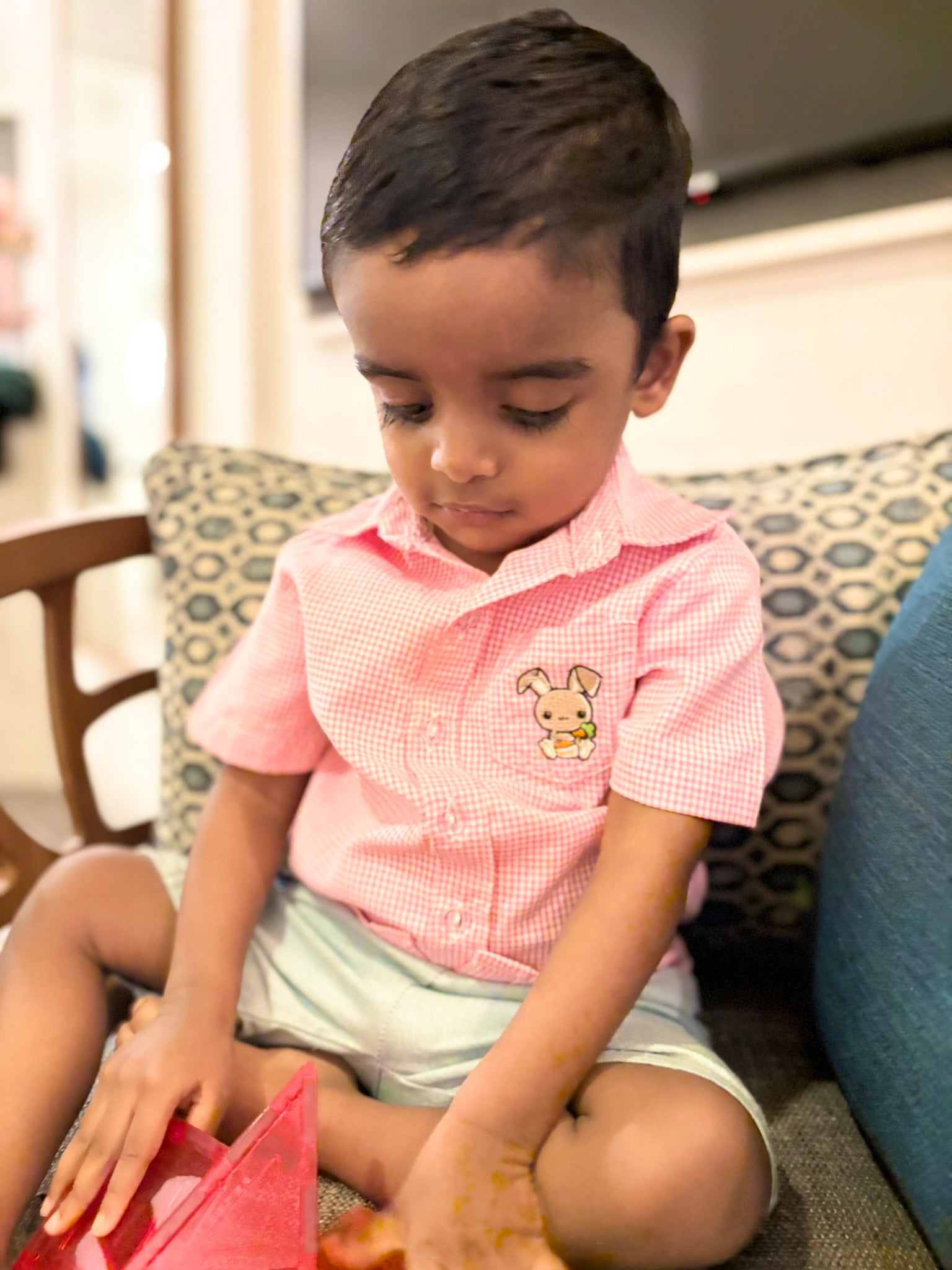 Child wearing a pink shirt with a bunny design sitting on a couch. Wearing a pink and white gingham short sleeve shirt made of 100% cotton fabric and it has a small pocket on the left side with a embroidered bunny. 