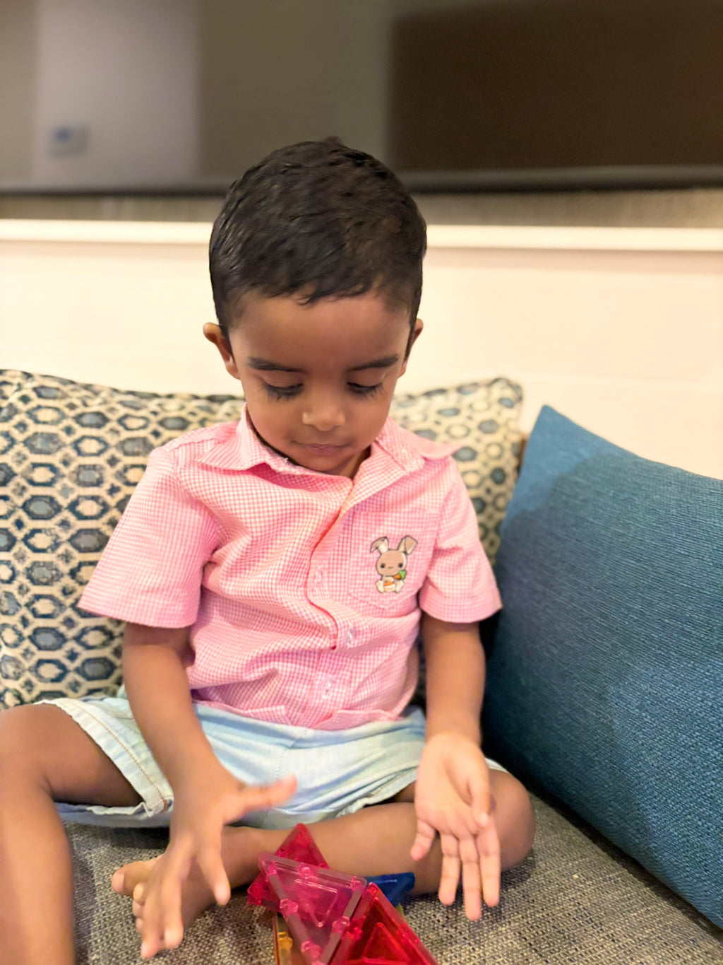 Child sitting on a couch with a pink shirt and colorful toy. wearing a pink and white gingham short sleeve shirt made of 100% cotton fabric and it has a small pocket on the left side with am embroidered bunny. 