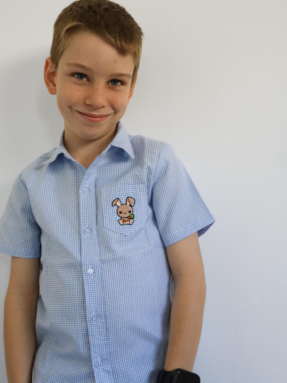 Child wearing a blue checkered shirt with a small design on the chest against a plain background